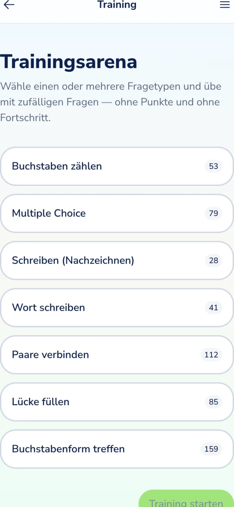 Trainingsarena mit wählbaren Fragetypen